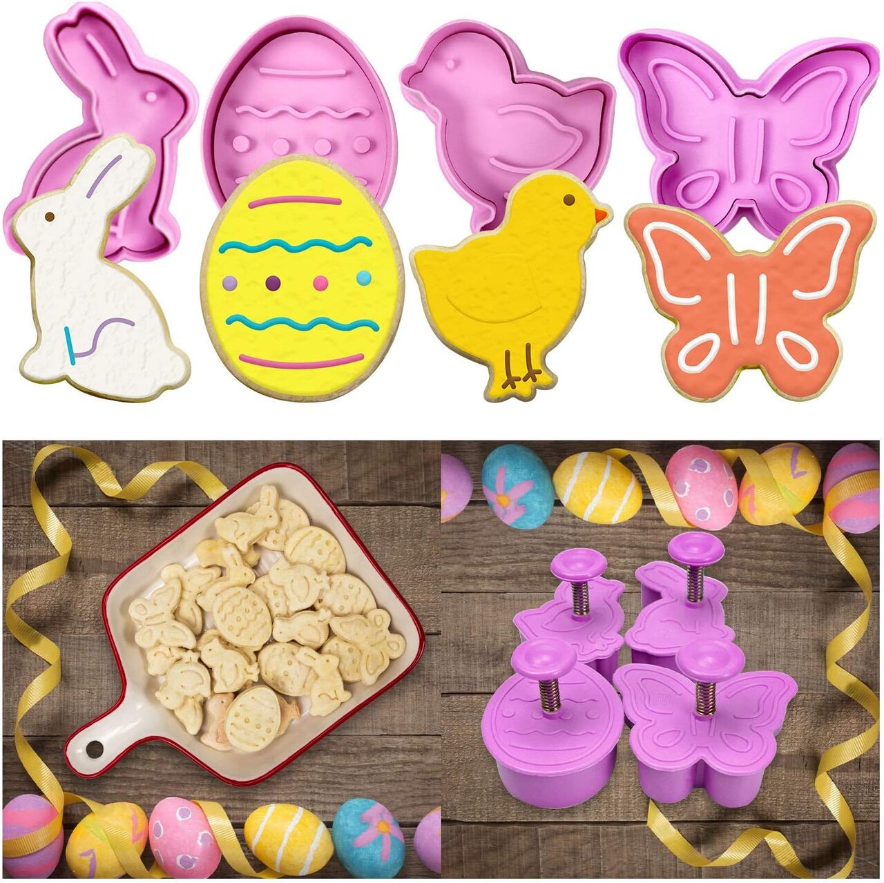 Mini 3D Easter Cookie Cutters Set, Easter Fondant Biscuit Pastry Cookie Cutter Stamp, Spring Spring-Loaded Handle Cutter Shape with Eggs, Chick, Butterfly (4 PCS)